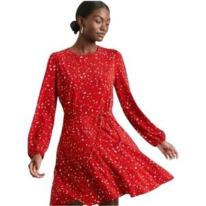 Red Floral Sz S Tie Waist Mini Dress Long Sleeve A-Line Cottagecore Romantic